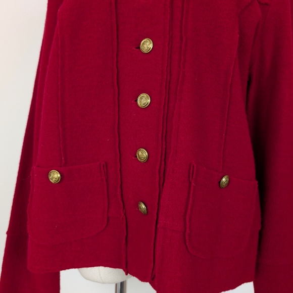 90s Boiled Wool Cardigan Jacket Cherry Red Long Sleeve Collar Button Up - Picture 9 of 11